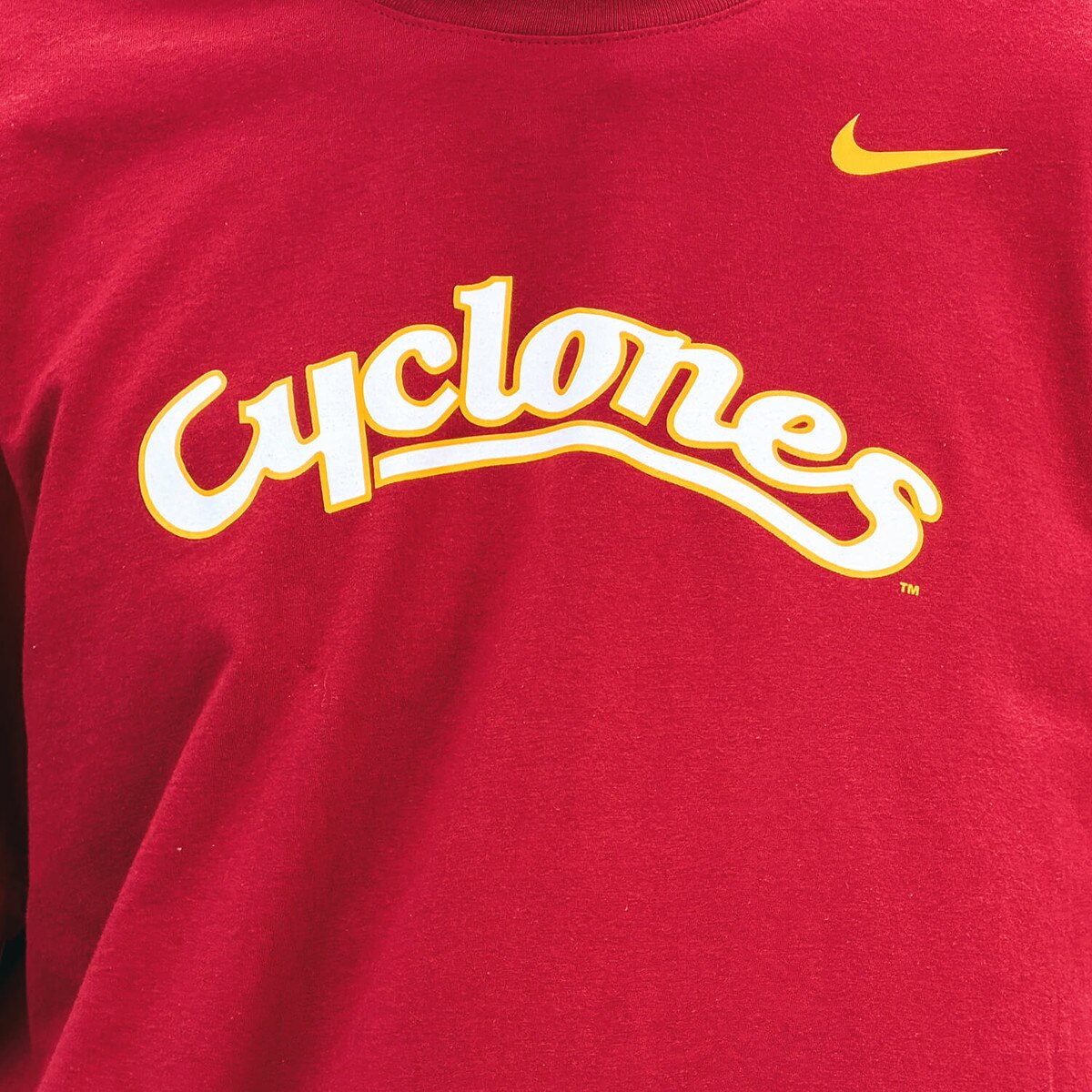 Nike Cyclones Script Arched Cardinal Short Sleeve T-shirt design close up